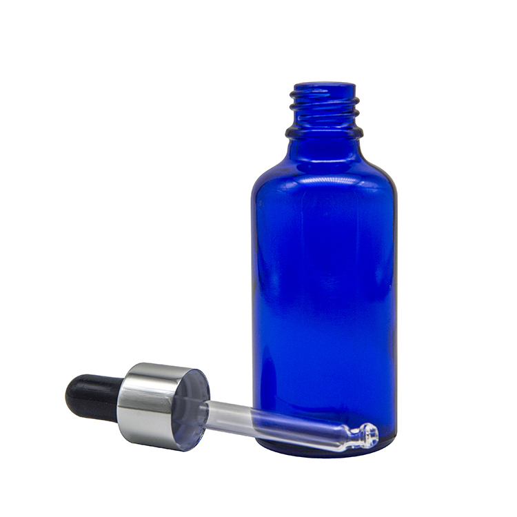 Wholesale 50ml blue essential oil glass serum bottle with silver dropper