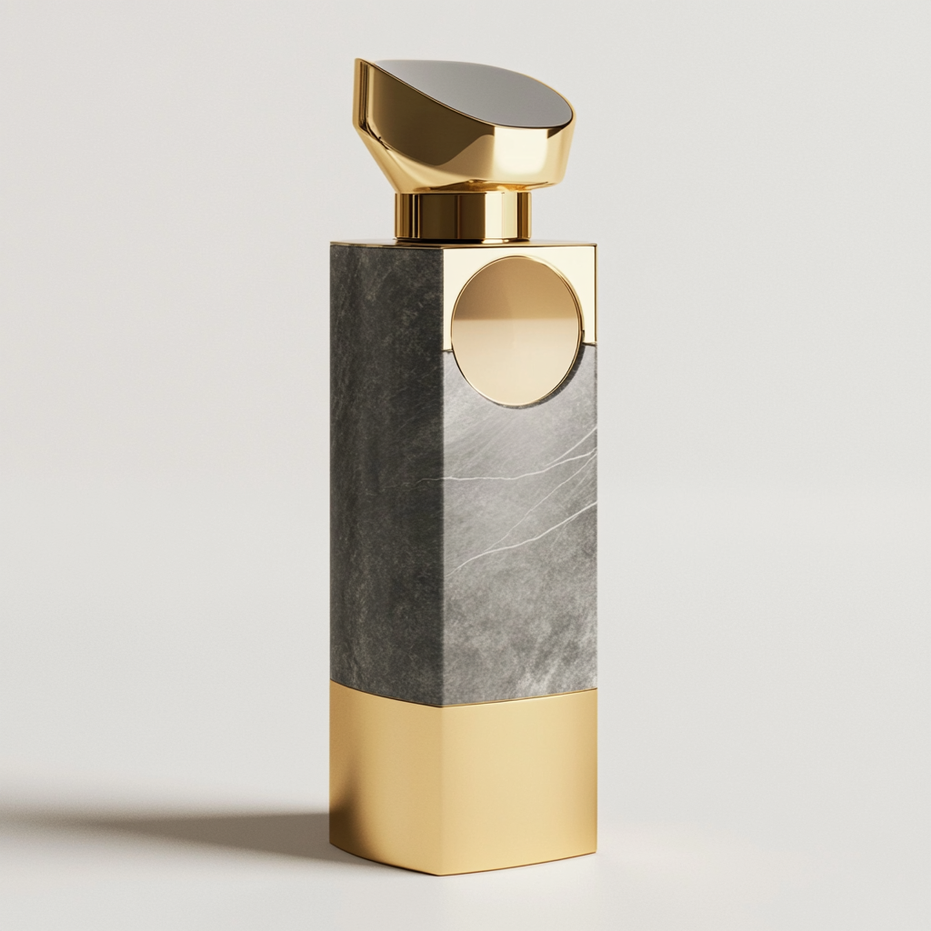 A perfume bottle with a customizable atomizer button.