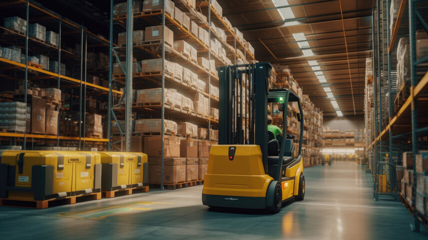 High-tech warehouse as forklifts zip around, ensuring smooth operations