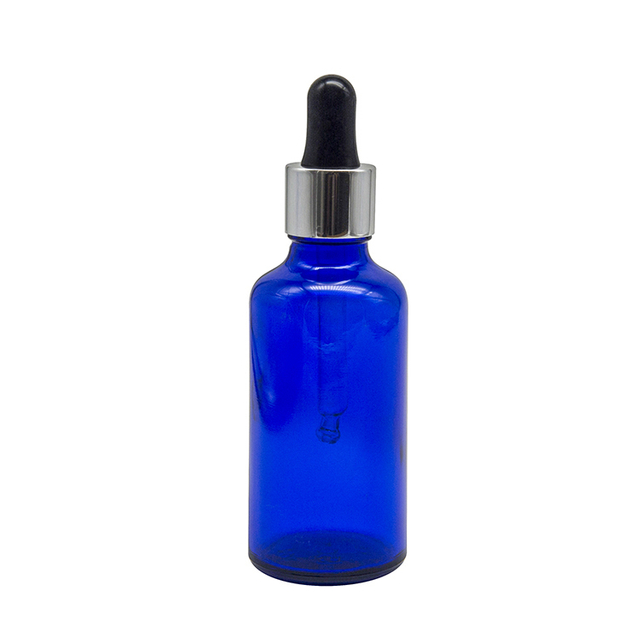 Wholesale 50ml blue essential oil glass serum bottle with silver dropper