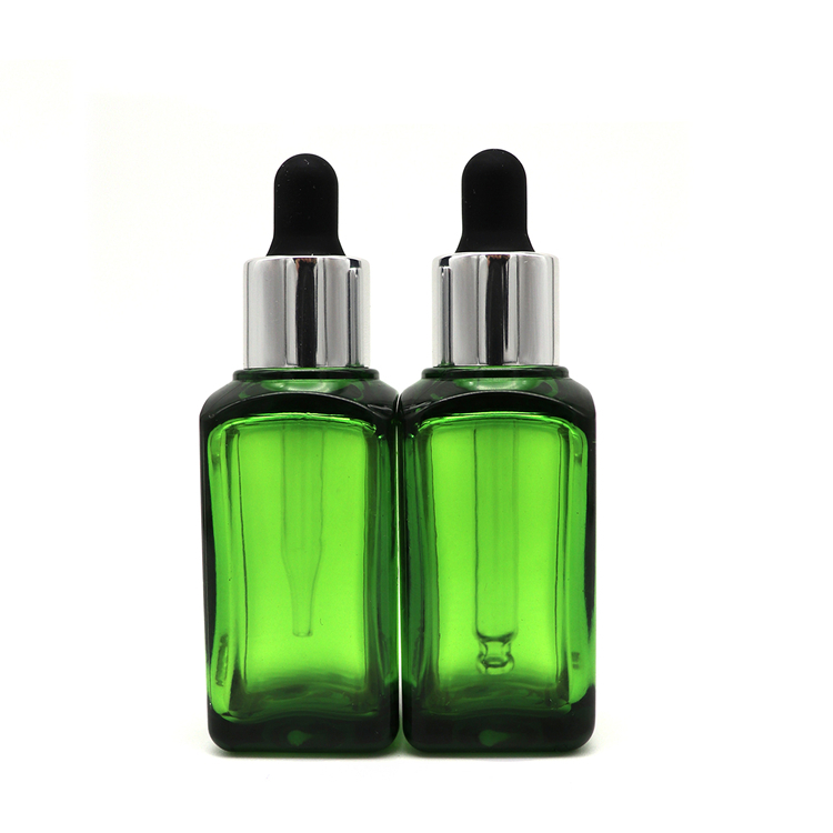 High Quality green PETG plastic square bottle with glass dropper